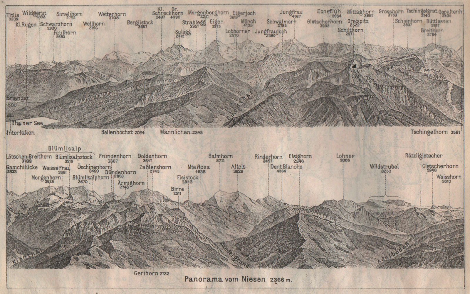 PANORAMA from/von NIESEN 2366m. Blumisalp Jungfrau Switzerland Schweiz 1922 map